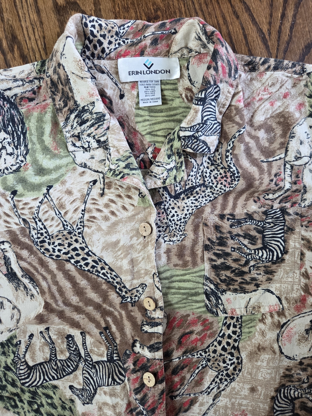 Vintage Erin London Silk Linen Safari Animal Print Button Down Shirt Medium